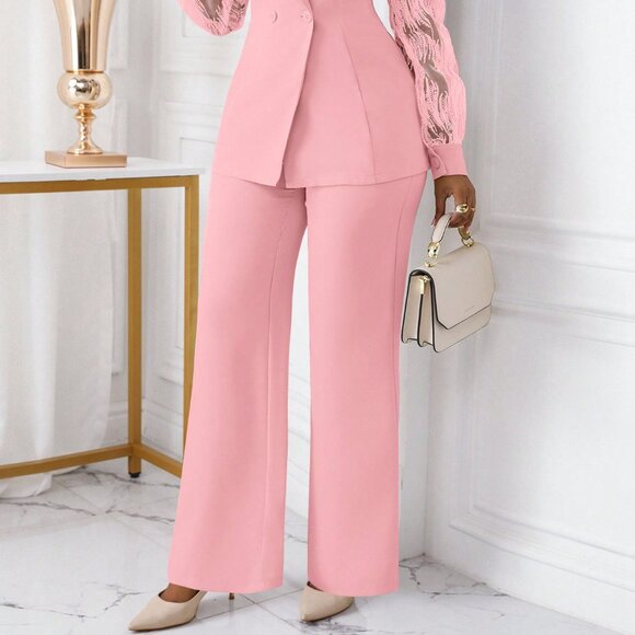 Pink Elegant Women's Lace Button Design Waist Cinched Outfit - Picture 6 of 8